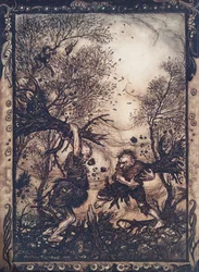 Se enfurecieron tanto que arrancaron árboles de raíz y se atacaron hasta que ambos cayeron muertos, de Los cuentos de hadas de los hermanos Grimm, pub. 1909