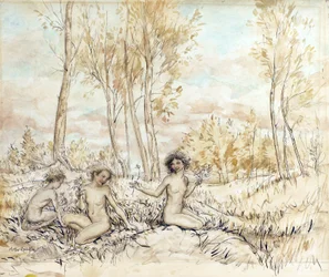 Tres ninfas del bosque recogiendo flores