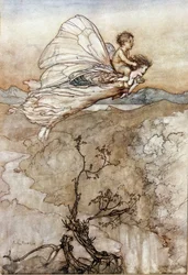 Titania, la Reina de las Hadas, vuela con su niño cambiado en la espalda. Ilustración de Arthur RACKHAM para El sueño de una noche de verano de William SHAKESPEARE