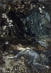 Titania, la Reina de las Hadas, está durmiendo. Ilustración de Arthur RACKHAM (1867-1939) para El Sueño de una Noche de Verano de William SHAKESPEARE