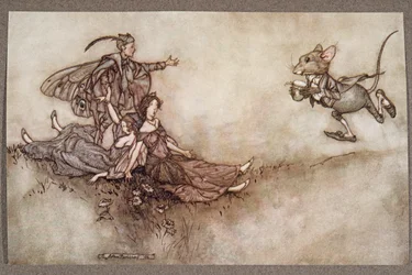 El jugo de alhelí es bueno para revivir a los bailarines que caen al suelo en un ataque, de Peter Pan en los Jardines de Kensington por J M Barrie (1860 - 1937), pub. 1906