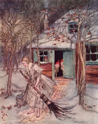Qué encontró allí sino auténticas fresas maduras. Ilustración de Arthur Rackham del cuento de Grimm Los tres hombrecillos del bosque, publicado a finales del siglo XIX.