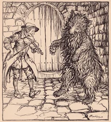 Cuando el oso oyó la música no pudo evitar ponerse a bailar. Ilustración de Arthur Rackham del cuento de Grimm El sastrecillo astuto.
