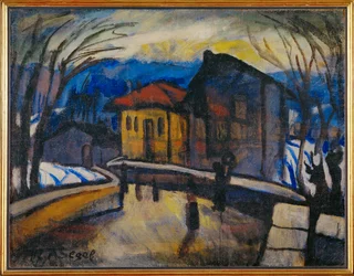 Calle de un pueblo suizo (pintura sobre lienzo)