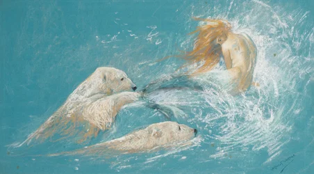 Una sirena y osos polares (lápiz y tiza sobre papel)