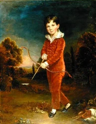 Retrato de un niño joven con traje rojo sosteniendo un arco y una flecha