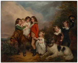 Retrato de los hijos de Benjamin Goldsmid, con un poni y un perro en un paisaje