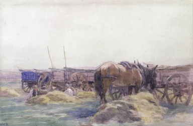 Carros de heno con caballo (acuarela sobre papel)