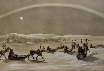 Una aparición singular de las Luces del Norte sobre una manada de renos de un lapón cruzando el Jerdis Javri, de Bocetos de invierno en Laponia, grabado por James Duffield Harding (1798-1863) 1825