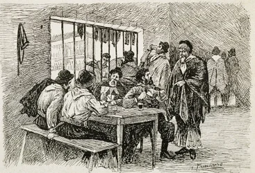Argentina (siglo XX). "Pulpería, taberna y licorería. Ilustración de T.Tamarera. Grabado