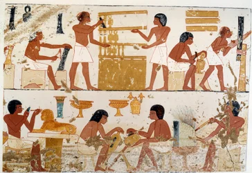 Artesanos trabajando. Reproducción facsímil a partir de un documento de Tebas, época de Amenofis III (XVIII dinastía)
