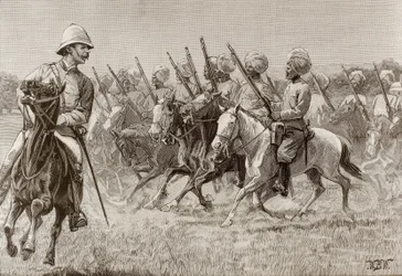 Imperio británico (s. XIX). Los nuevos regimientos de Birmania. Compañía de Infantería Montada del Segundo Regimiento. Grabado.