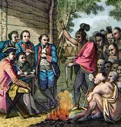 Consejo del general británico Henry Bouquet con los nativos americanos durante la Guerra de Pontiac