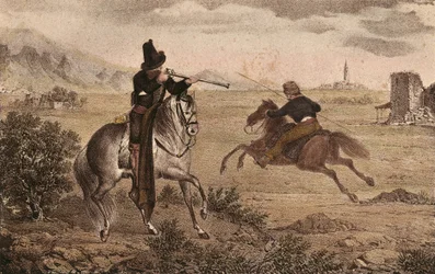 CABRERA Y GRINO, Ramón (1806-1877). Militar carlista español. España. Guerras Carlistas. Caballería del Cid. Imagen del "Album de tropas carlistas de Aragón". Litografía. Colección particular