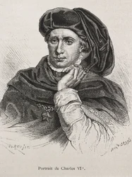CARLOS VI de Francia, llamado "el Bienamado" (1368-1422). Rey de Francia (1380-1422), dinastía Valois. Grabado.