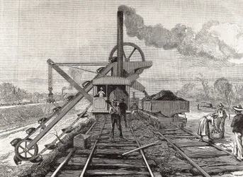 Construcción del Canal de Panamá. Trabajos de dragado en el pueblo de Culebra. Dibujo original de Meltor Prior. Imagen publicada en "The Illustrated London News". Grabado.