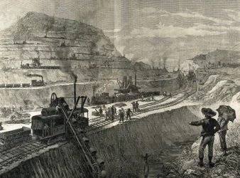 Construcción del Canal de Panamá. Trabajos de dragado en el pueblo de Culebra. Dibujo original de Meltor Prior. Imagen publicada en "The Illustrated London News". Grabado.