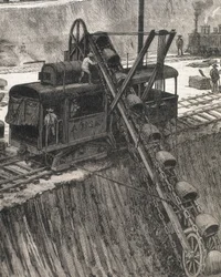 Construcción del Canal de Panamá. Trabajos de dragado en el pueblo de Culebra. Dibujo original de Meltor Prior. Imagen publicada en "The Illustrated London News". Grabado.