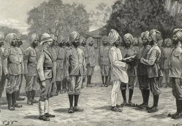 Inglaterra (siglo XIX). Colonización. India. Los nuevos regimientos de Birmania. Prestando juramento a los nuevos reclutas. Grabado. Colección privada