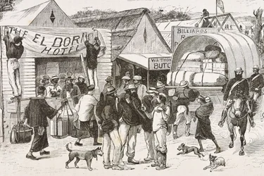 Inglaterra (siglo XIX). La colonización (1880). La vida de los buscadores de oro en Australia. Colonia inglesa de Botany Bay (fundada en 1788) e inicialmente poblada en su mayoría por delincuentes convertidos en buscadores y comerciantes. Grabado. Colecció