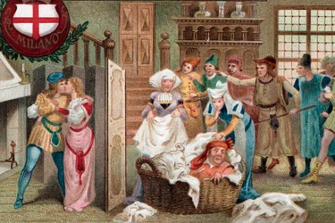Falstaff escondido en una cesta de lino, Acto II Escena 2 de la ópera Falstaff de la ópera de Giuseppe Verdi