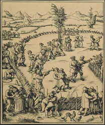 Fiesta campesina en una granja alemana ("Der Jahrmarkt"). Música y baile. (grabado)