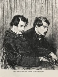 Gavarni, Hippolyte-Guillaume-Sulpice Chevalier, llamado Paul (1804-1866). Edmond y Jules de Goncourt en un palco del teatro. 1853. GONCOURT, Edmon Huot de (1822-1896). Escritor inglés; GONCOURT, Jules Huot de (1830-1870). Escritor inglés. Litografía. Priv