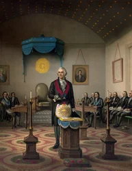 George Washington, general y estadista estadounidense, en traje macónico (Venerable de la Logia "Alejandría 39", que en 1805 se conocía como "Washington-Alejandría".