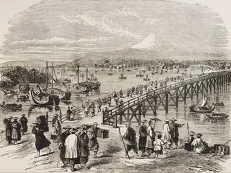 JAPÓN (siglo XIX).Ciudad de Edo, atravesada por el río Toniak. Grabado. Colección privada