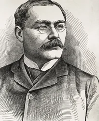 KIPLING, Rudyard (1865-1936). Escritor británico, nacido en la India. Premio Nobel de Literatura 1907. Retrato de Kipling. Grabado.