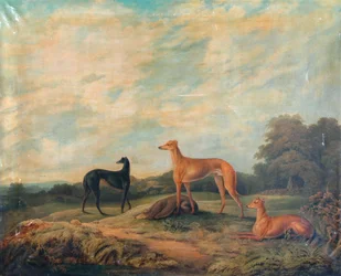 Paisaje, cuatro galgos en primer plano (óleo sobre lienzo)