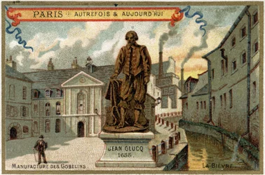 Fabricación de tapices des Gobelins en París. Estatua de Jean Glucq, que importó a Francia el proceso de teñido.