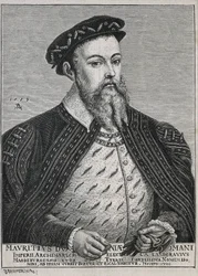 Mauricio de Sajonia (1521-1553). Duque (1541-47) y más tarde Elector (1547-53) de Sajonia. Protestante desde 1539. Retrato basado en un cuadro de Lucas Cranach. Grabado