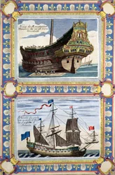Buques mercantes de la Compañía Holandesa de las Indias Orientales (grabado coloreado)