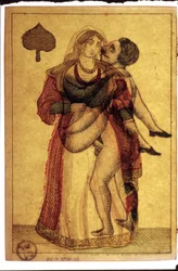 Naipes antiguos: escena erótica. Musée de la Carte à Plouer, Issy-les-Moulineaux.
