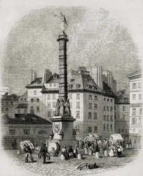 París. Vendedores de agua delante de la fuente de la plaza Chatelet (grabado)