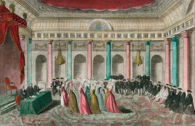 Regalos patrióticos, 27 de septiembre de 1789: las mujeres de los artistas más distinguidos se presentan en la Asamblea Nacional y depositan sobre el escritorio una caja llena de joyas.