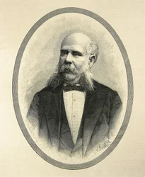 RIUS I TAULET, Francesc de Paula (1833-1889). Abogado y político español. Alcalde de Barcelona y promotor de la Exposición Universal de Barcelona de 1888. Retrato publicado en "La Ilustración Española y Americana" de A. Carretero. Grabado.