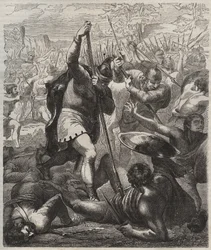 Representación de Pelage el rey conquistador de Asturias triunfante contra los sarracenos, 719, Covadonga, España".