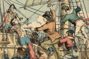 Robert Surcouf Marinero y corsario francés, aquí en el abordaje del barco inglés "Triton" en 1796 (grabado)