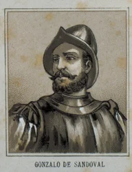 SANDOVAL, Gonzalo de (1497-1527). Conquistador español en Nueva España (México). Grabado.