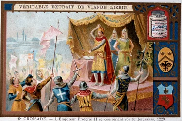 Sexta Cruzada - El emperador Federico II del Sacro Imperio (1194-1250) (Federico II, emperador del Sacro Imperio Romano Germánico) corona al rey de Jerusalén
