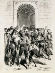 España (1873). Proclamación de la Primera República y asalto al ayuntamiento de Barcelona (11 de febrero de 1873). Aguafuerte.