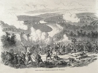 España. Revolución de 1868. Batalla de Alcolea (20 de septiembre), que culminó con el destronamiento de Isabel II. Grabado