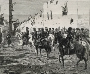 España. La Primera República (1873-1874). Cantón de Cartagena. El general José López Domínguez en Cartagena tras la capitulación de los cantonalistas. Imagen publicada en "La Ilustración Española y Americana". Aguafuerte.