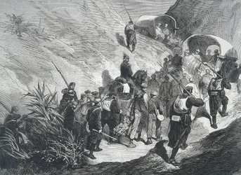 España. Tercera Guerra Carlista. Prisioneros carlistas caminando por las montañas del Ampurdán (Cataluña). Grabado.