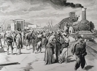 España. Tercera Guerra Carlista. Salida de un batallón de cuerpos libres contra los carlistas desde Barcelona. Imagen de "La Ilustración española y americana" (8 de abril de 1873). Grabado