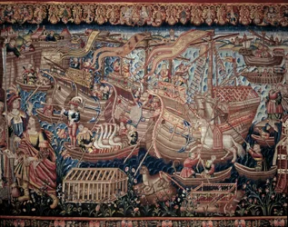 El navegante portugués Vasco de Gama (1459-1524) llegó a Calicut en la India en 1498, detalle, tapiz