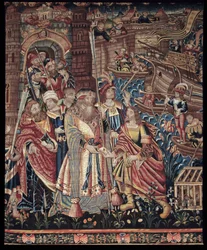 El navegante portugués Vasco de Gama (1459-1524) llegó a Calicut en la India en 1498, detalle, tapiz