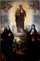 La Virgen tiene al Niño con San Benito de Nursie y su hermana Sainte Scolastique (Escolástica), fundadora de la Orden de los Benedictinos Pintura anónima. Abadía de Monte Cassino, Italia